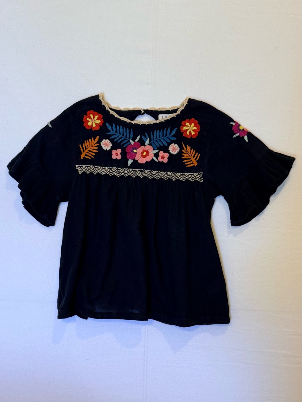 THML Black Embroidered Floral Flutter-Sleeve Blouse